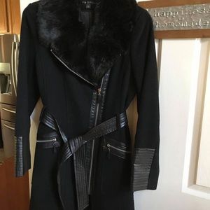 Wool blend coat with leather trim